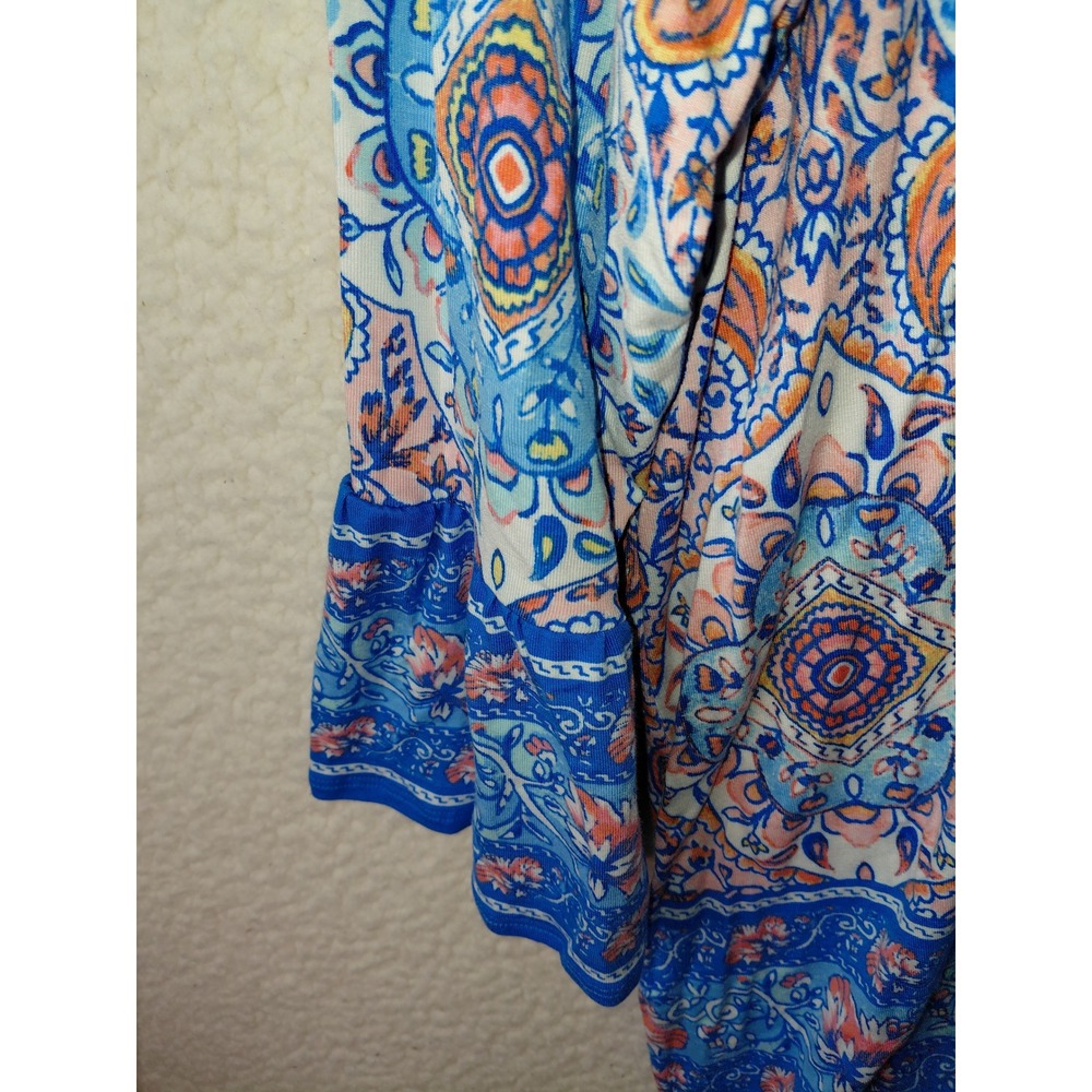 Ruby Rd Womens Blue Paisley Mandala Crochet Split Neck Bell Sleeve Top 42004 LV - Picture 4 of 5